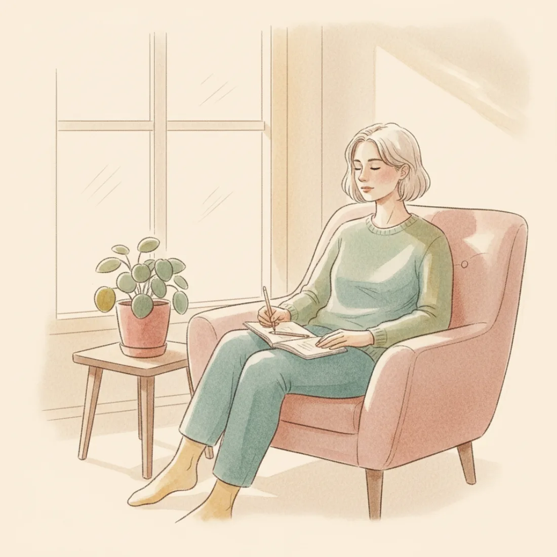 Soft illustration of a woman sketching in an armchair by a window