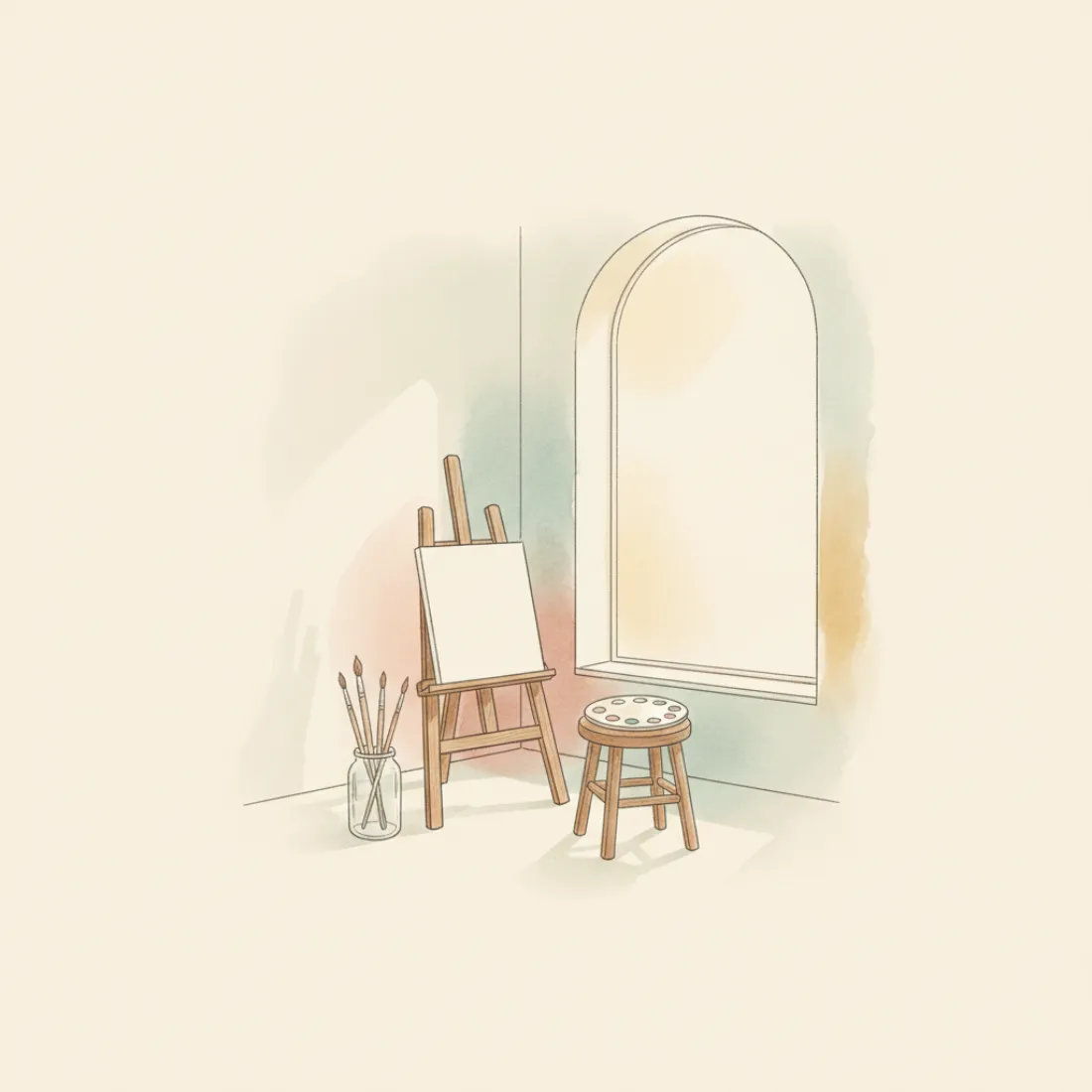 Illustration of an art studio corner with an easel, paintbrushes and a palette