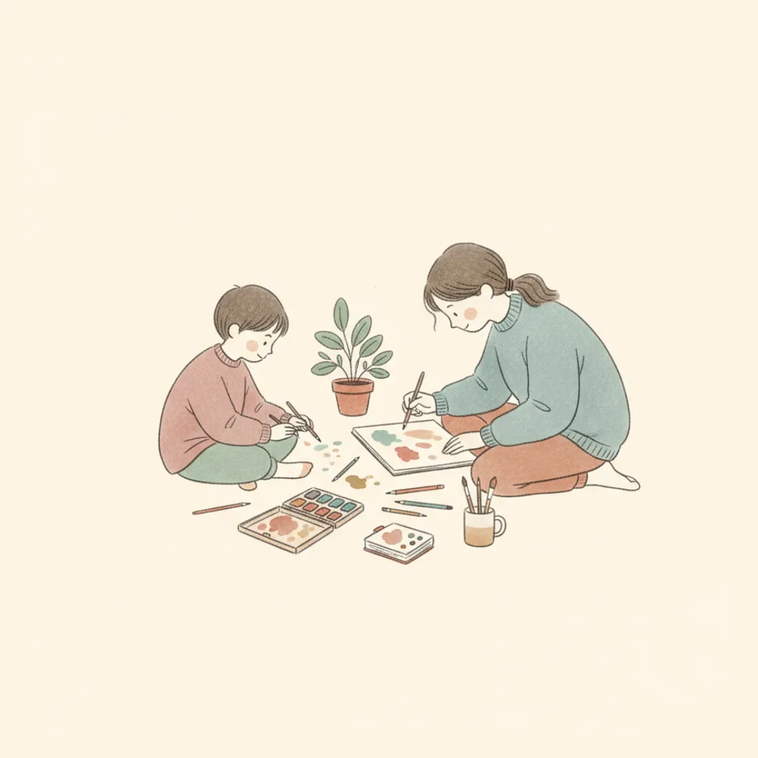 Illustration of a child and a teenager painting together